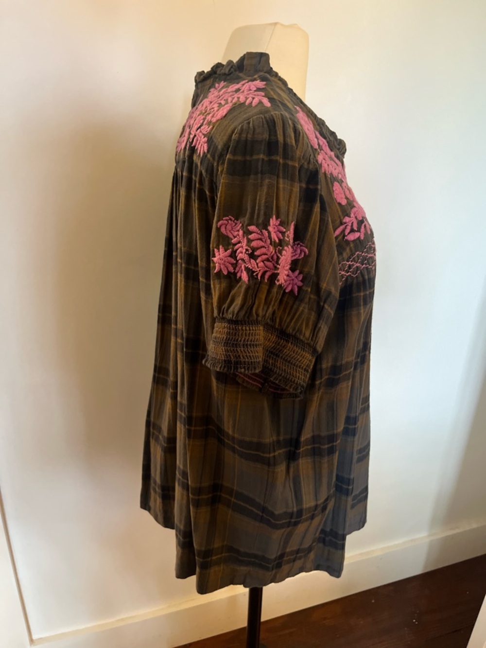 ivy jane Dark Plaid Blouse with Bright Pink Floral Embroidery - Picture 2 of 4